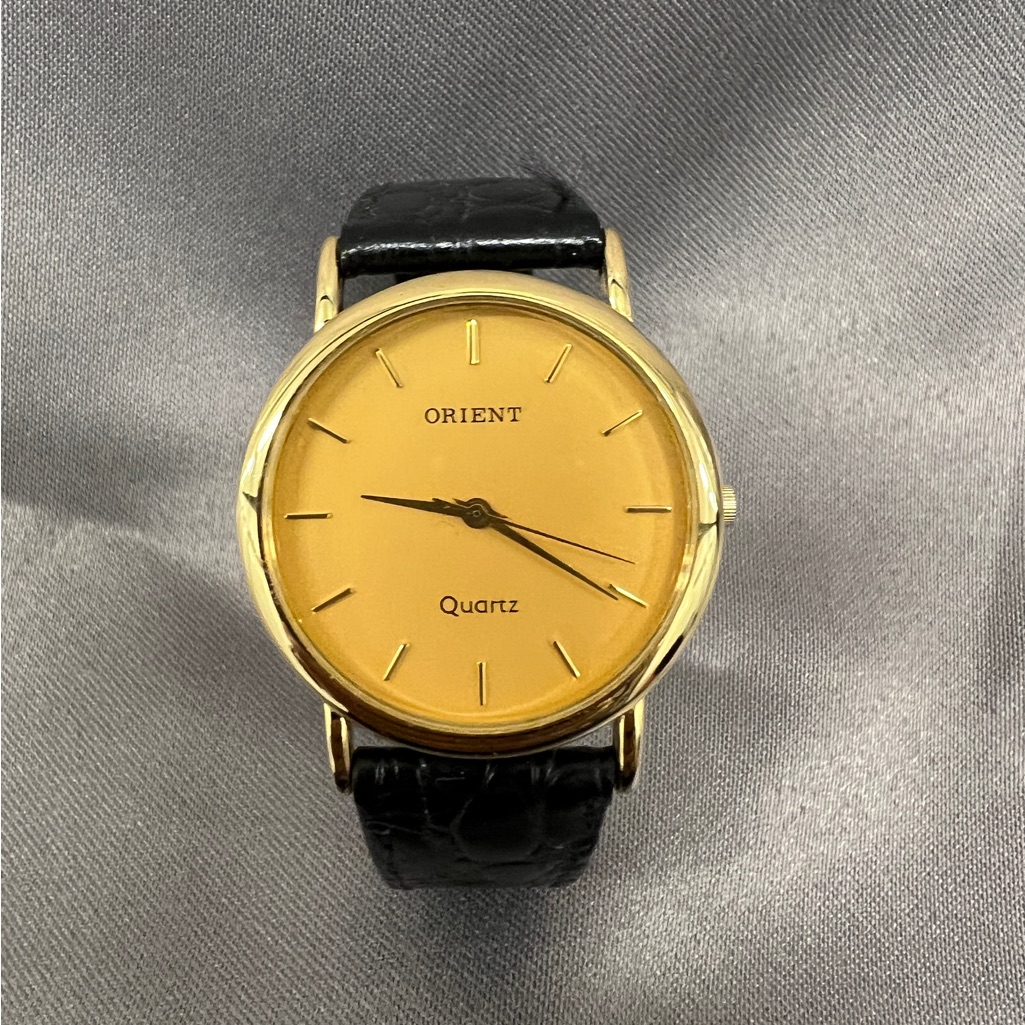 Orient Gp Gold Plated Mens Gold Dial Quartz Watch With Black Leather Strap Vtg
